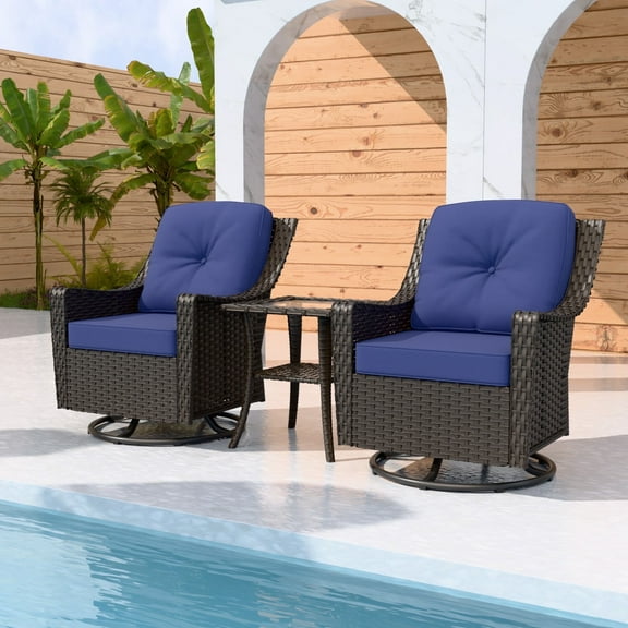 EAGLE PEAK Azure Bay 3 Pieces Outdoor Wicker Bistro Set, Swivel Rocking Chairs with Side Table, Brown Wicker and Blue Cushions