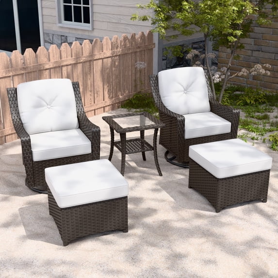 EAGLE PEAK Azure Bay 5 Pieces Wicker Outdoor Patio Furniture Set, Swivel Rocking Chairs with Ottomans, Side Table, Brown Wicker and Beige Cushions