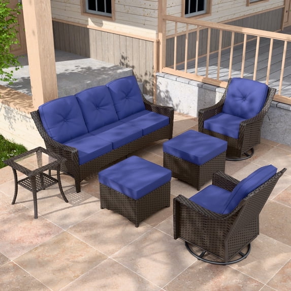 EAGLE PEAK Azure Bay 6 Pieces Wicker Outdoor Patio Furniture Set, Sofa and Swivel Chairs with Ottomans and Side Table Brown Wicker and Blue Cushions
