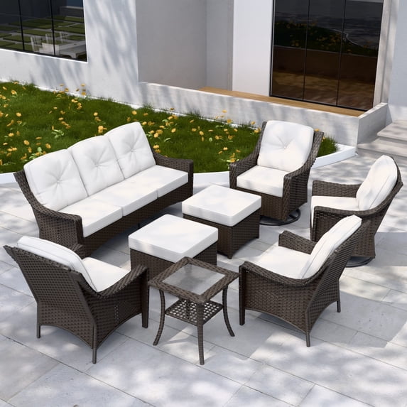 EAGLE PEAK Azure Bay 8 Pieces Wicker Outdoor Patio Furniture Set, Outdoor Conversation Set with Side Table, Brown Wicker and Beige Cushions
