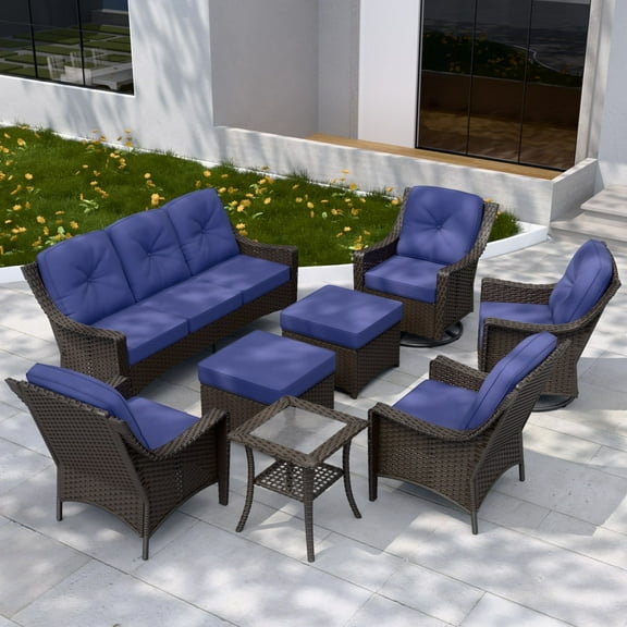 EAGLE PEAK Azure Bay 8 Pieces Wicker Outdoor Patio Furniture Set, Outdoor Conversation Set with Side Table, Brown Wicker and Blue Cushions