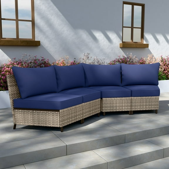 EAGLE PEAK Coastal Vista 4 Piece Outdoor Wicker Armless Chair with Blue Cushion, Patio Furniture Sets Outdoor Sectional Patio Conversation Set