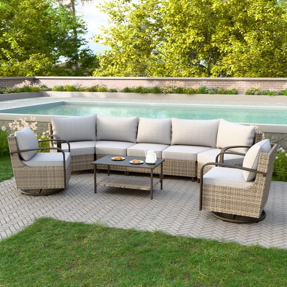 EAGLE PEAK Coastal Vista 8PCS Patio Furniture Outdoor Sectional Sofa Wicker Conversation Set with Rocking Chairs and Coffe Table, Blue