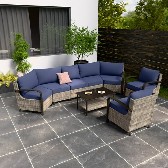 EAGLE PEAK Coastal Vista 8PCS Patio Furniture Set All-Weather Wicker Outdoor Sectional Sofa with Chairs and Coffe Table, Patio Conversation Set for Backyard, Blue