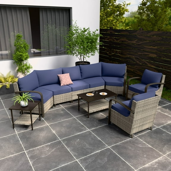 EAGLE PEAK Coastal Vista 9PCS Patio Furniture Set All-Weather Wicker Outdoor Sectional Sofa with Chairs and Coffe Table and Side Table, Patio Conversation Set for Backyard, Blue Cushion