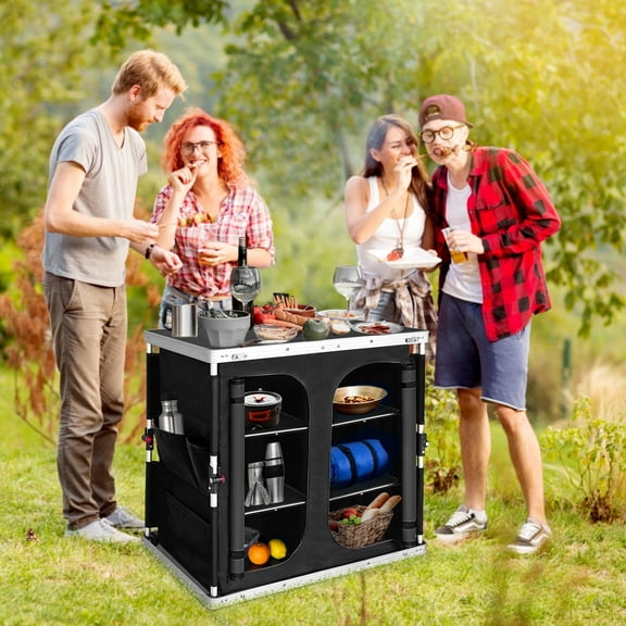 EAGLE PEAK Double Outdoor Folding Camping Table with Large 3-Tier Storage Organizer and Side Pockets, Portable Aluminum Camping Kitchen, Black