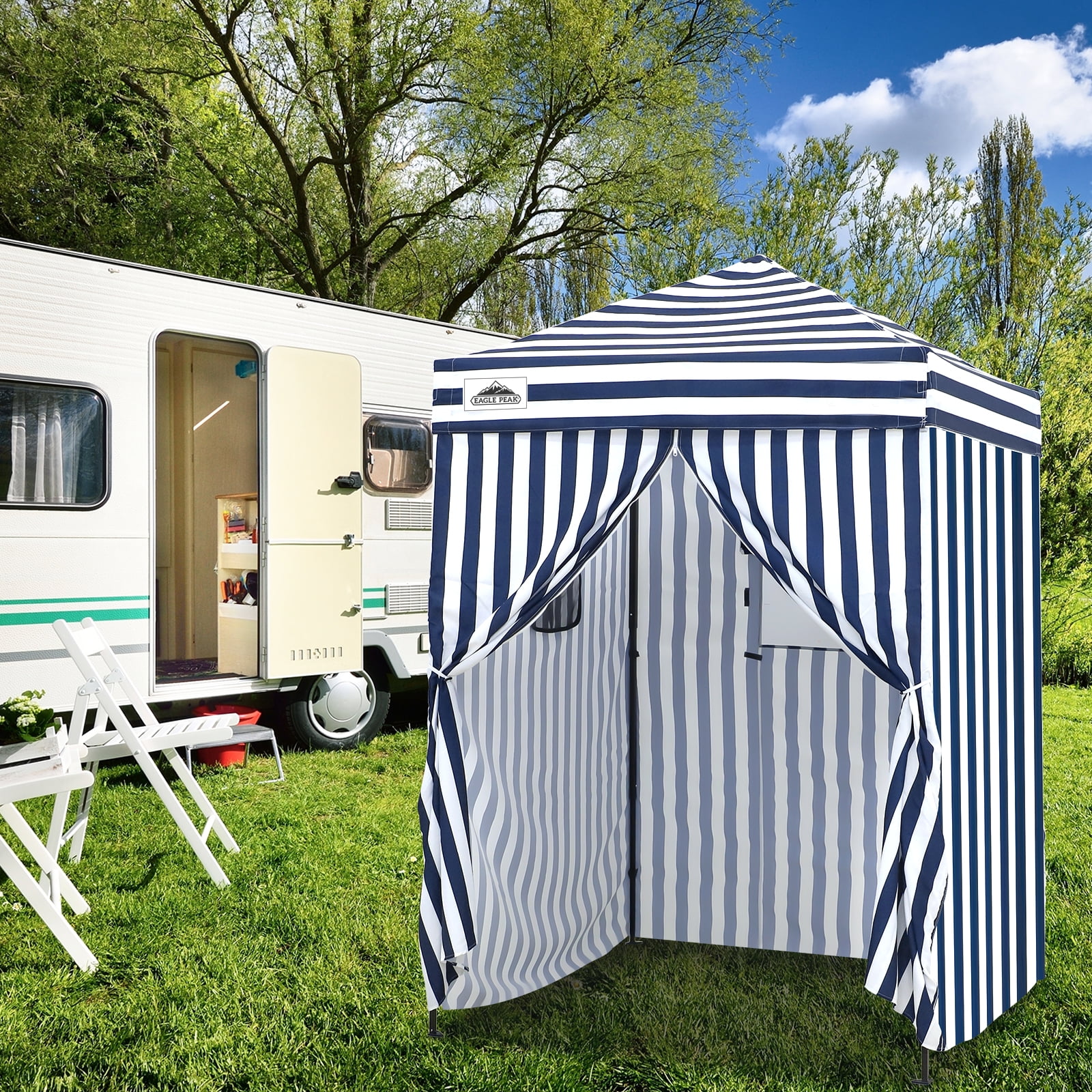 Ultra Compact Blue and White Striped Pop-Up Canopy Tent