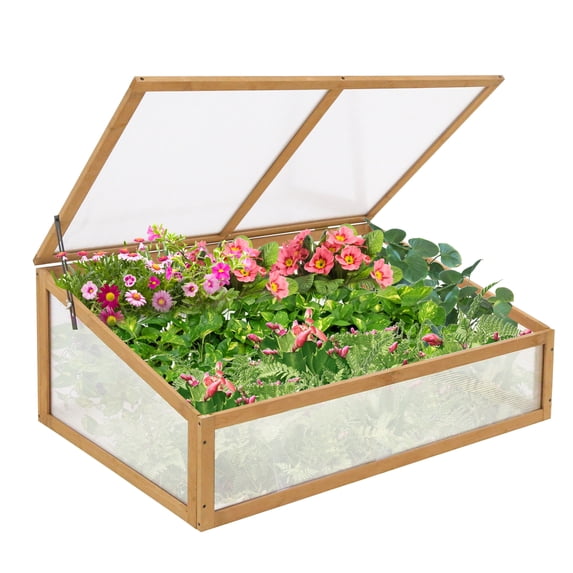 EAGLE PEAK Garden Cold Frame Greenhouse, 39.4''x25.4''x15.9'', Wood Frame with PC Windows, Raised Flower Planter, Natural