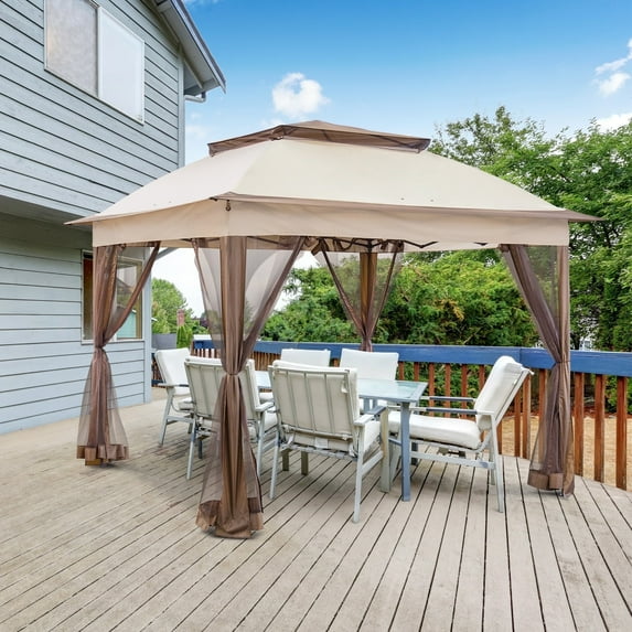 EAGLE PEAK 11x11 Pop Up Gazebo with Mesh Netting, Easy Up Screened Canopy for Patio and Backyard(Tan)