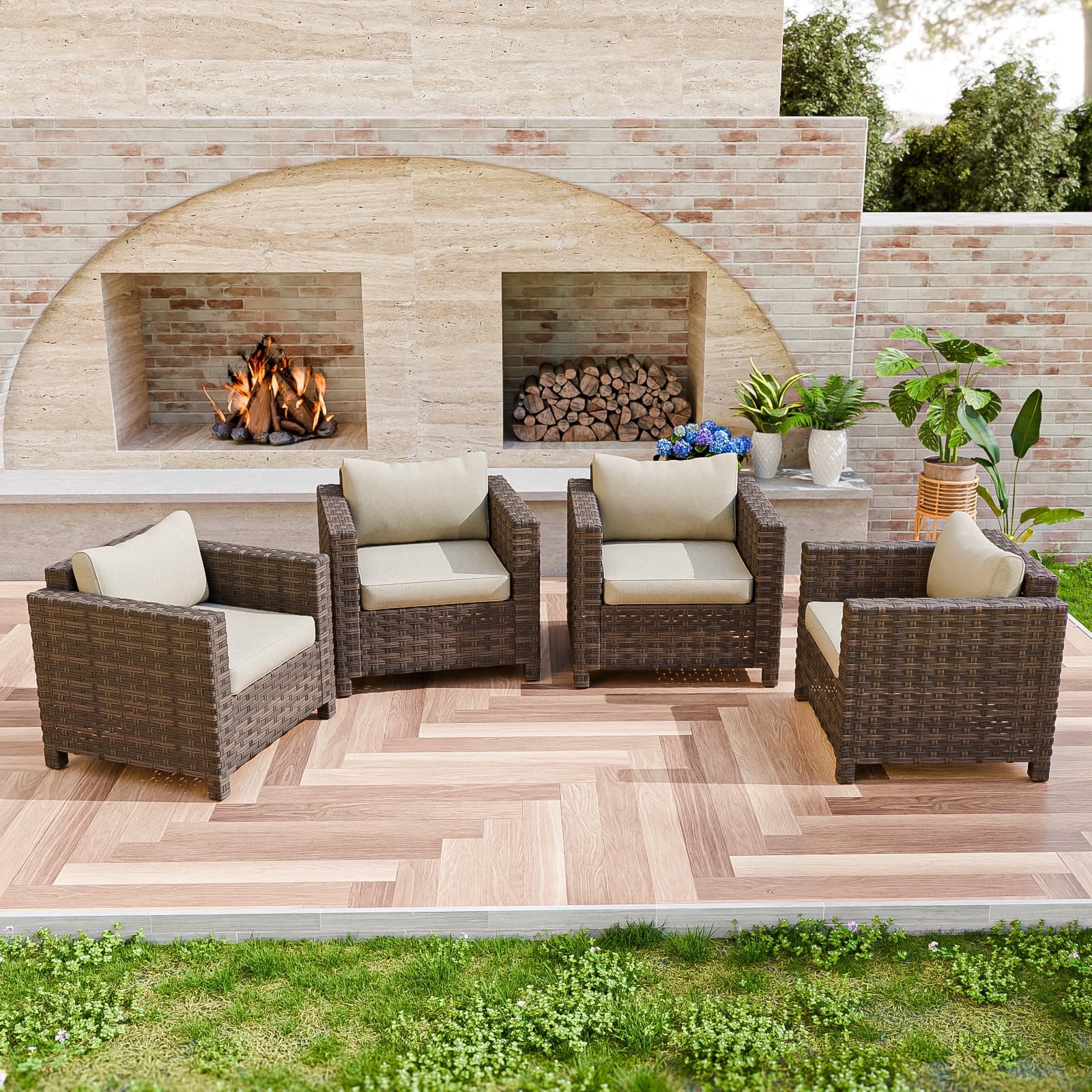 EAGLE PEAK Harbor Haven Outdoor Wide-Woven Wicker Patio Chairs Set of 4, All Weather PE Lounge&nbsp;Chair with Cushion, Deep Seat and High Back