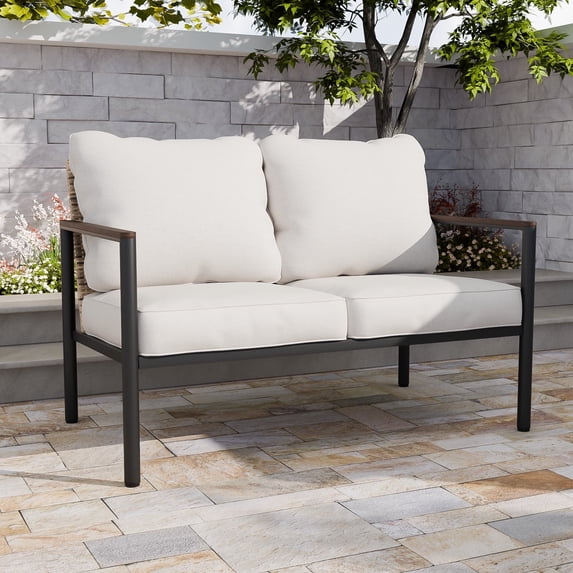 EAGLE PEAK Sunset Dune Indoor/Outdoor Patio Loveseat Couch, Modern Metal Framed Loveseat with Rattan Wicker with Beige Cushions