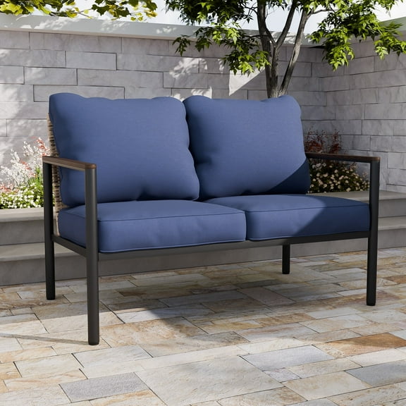 EAGLE PEAK Sunset Dune Indoor/Outdoor Patio Loveseat Couch, Modern Metal Framed Loveseat with Rattan Wicker with Blue Cushions