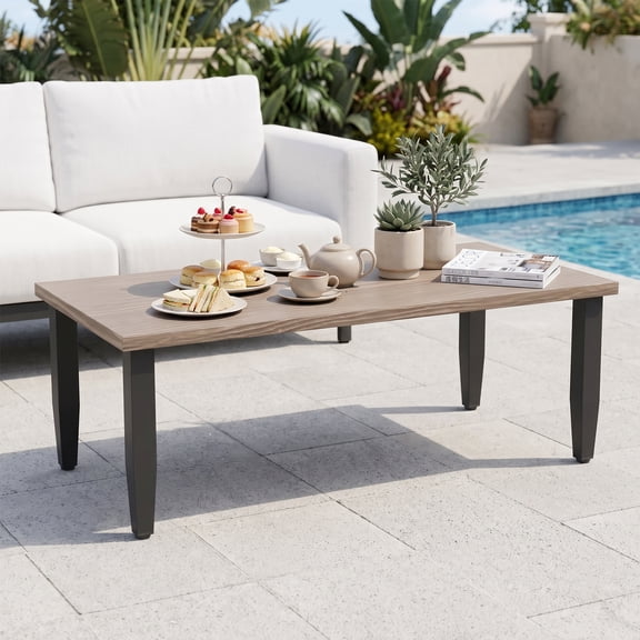 EAGLE PEAK Metal Outdoor Coffee Table, Modern Rectangle Small Patio Table for Deck, Balcony, Porch, Backyard and Garden, Wood Grain Top