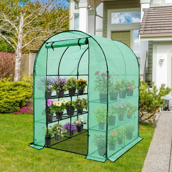 EAGLE PEAK Mini Walk In 3-Tier 8-Shelf Walk-In Gardening Planting Greenhouse with Roll-up Zipper Door, Mesh Side Windows, Green