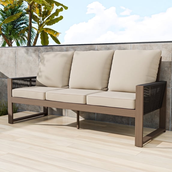 EAGLE PEAK Natural Real Wood Cedar 77.6" Wide Outdoor Sofa with Beige Cushions for Garden, Yard, Porch, Balcony