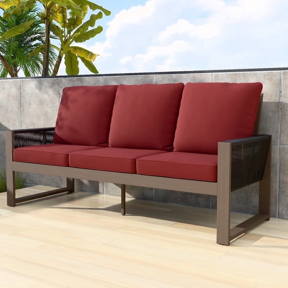 EAGLE PEAK Natural Real Wood Cedar 77.6" Wide Outdoor Sofa with Red Cushions for Garden, Yard, Porch, Balcony