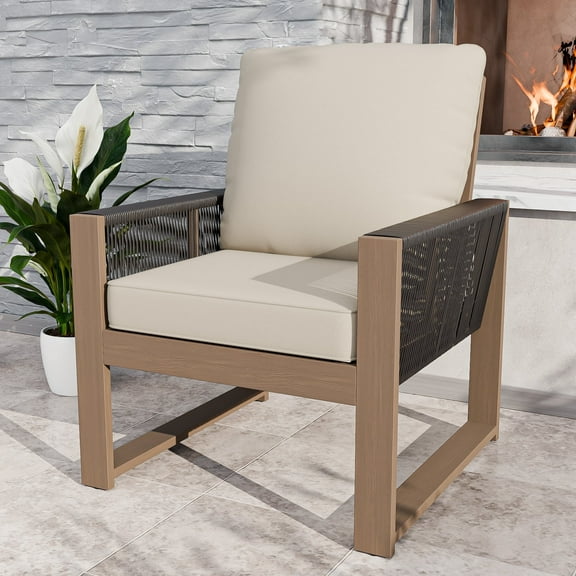 EAGLE PEAK Natural Real Wood Cedar Spacious Seat Dining Chairs with Beige Cushions for Garden, Yard, Porch, Balcony