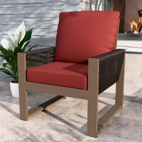 EAGLE PEAK Natural Real Wood Cedar Spacious Seat Dining Chairs with Red Cushions for Garden, Yard, Porch, Balcony