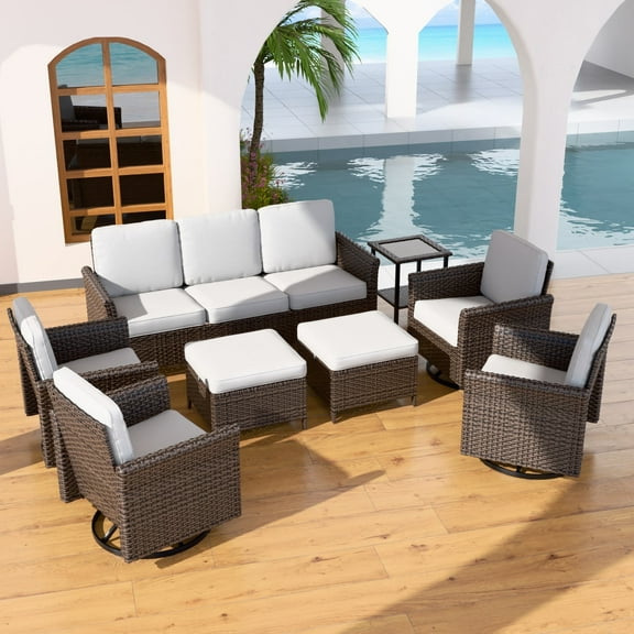 EAGLE PEAK Ocean Vista 8 piece Patio Variated Brown Wicker Conversation Sofa Set Swivel Chairs, Beige Cushions