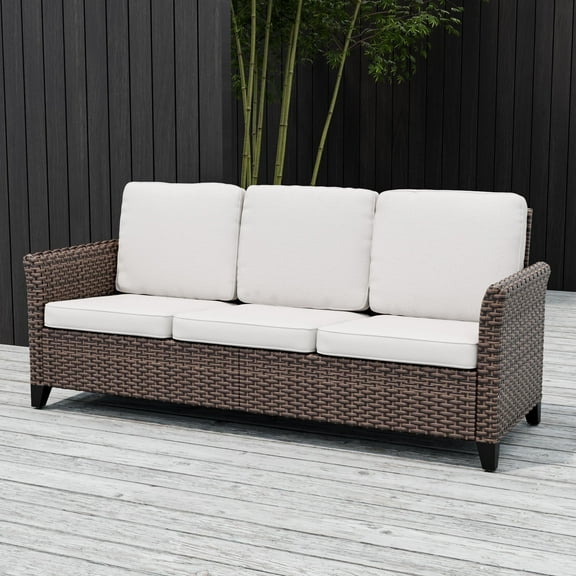 EAGLE PEAK Ocean Vista Patio Variated Brown All-weather PE Wicker 3-Seat Sofa with Extended Armrest, Beige Cushions,