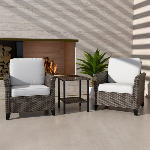 EAGLE PEAK Ocean Vista Patio Outdoor 3 piece Variated Brown Wicker Conversation Dining Chair Set, Beige Cushions