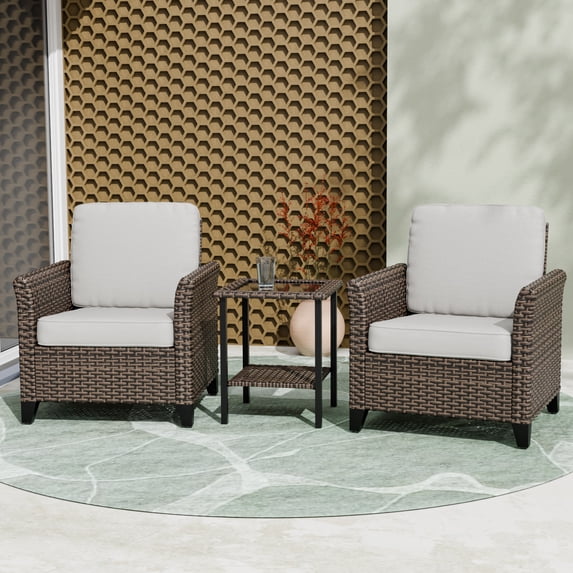EAGLE PEAK Ocean Vista Patio Outdoor 3 piece Variated Brown Wicker Conversation Dining Chair Set, Beige Cushions