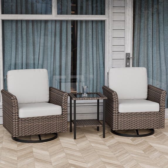 EAGLE PEAK Ocean Vista Patio Outdoor 3 piece Variated Brown Wicker Conversation Swivel Chair Set, Beige Cushions