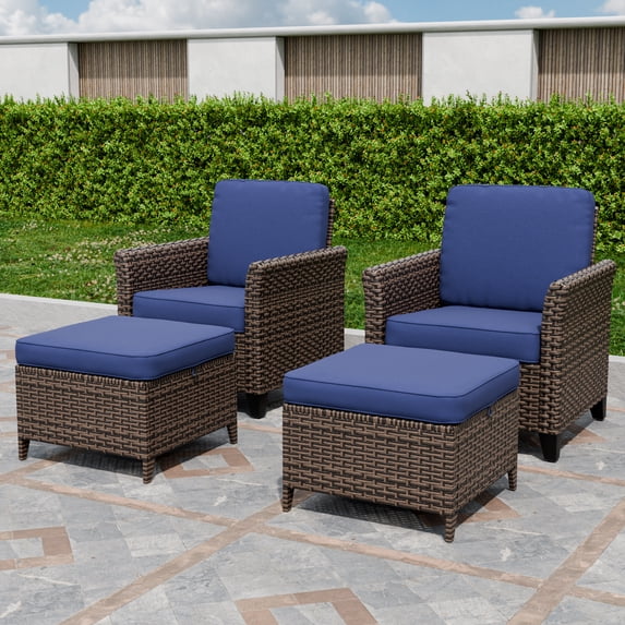 EAGLE PEAK Ocean Vista Patio Outdoor 4 piece Variated Brown Wicker Conversation Dining Chairs Set, Blue Cushions