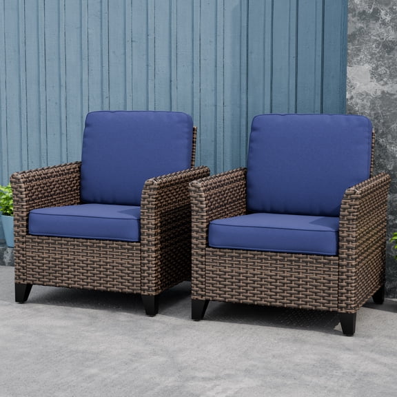 EAGLE PEAK Ocean Vista Set of 2 Patio Variated Brown All-weather PE Wicker Single Dinnning Chairs with Extended Armrest, Blue Cushions