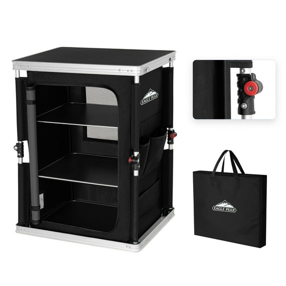 EAGLE PEAK Outdoor Camping Pop Up Folding Table with Large 3-Tier Storage Organizer and Side Pockets, Easy Set Up Portable Lightweight Aluminum Camping Kitchen, Black