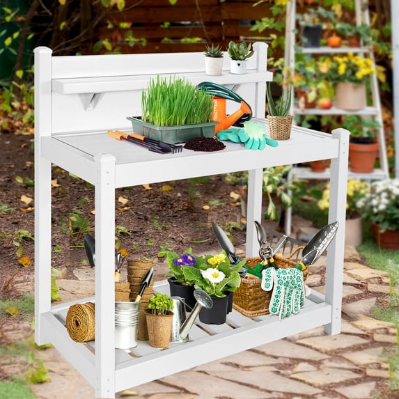 EAGLE PEAK Outdoor Indoor Vinyl Potting Bench Tsble, Gardening Work Station with Open Shelf, Lower Storage, White