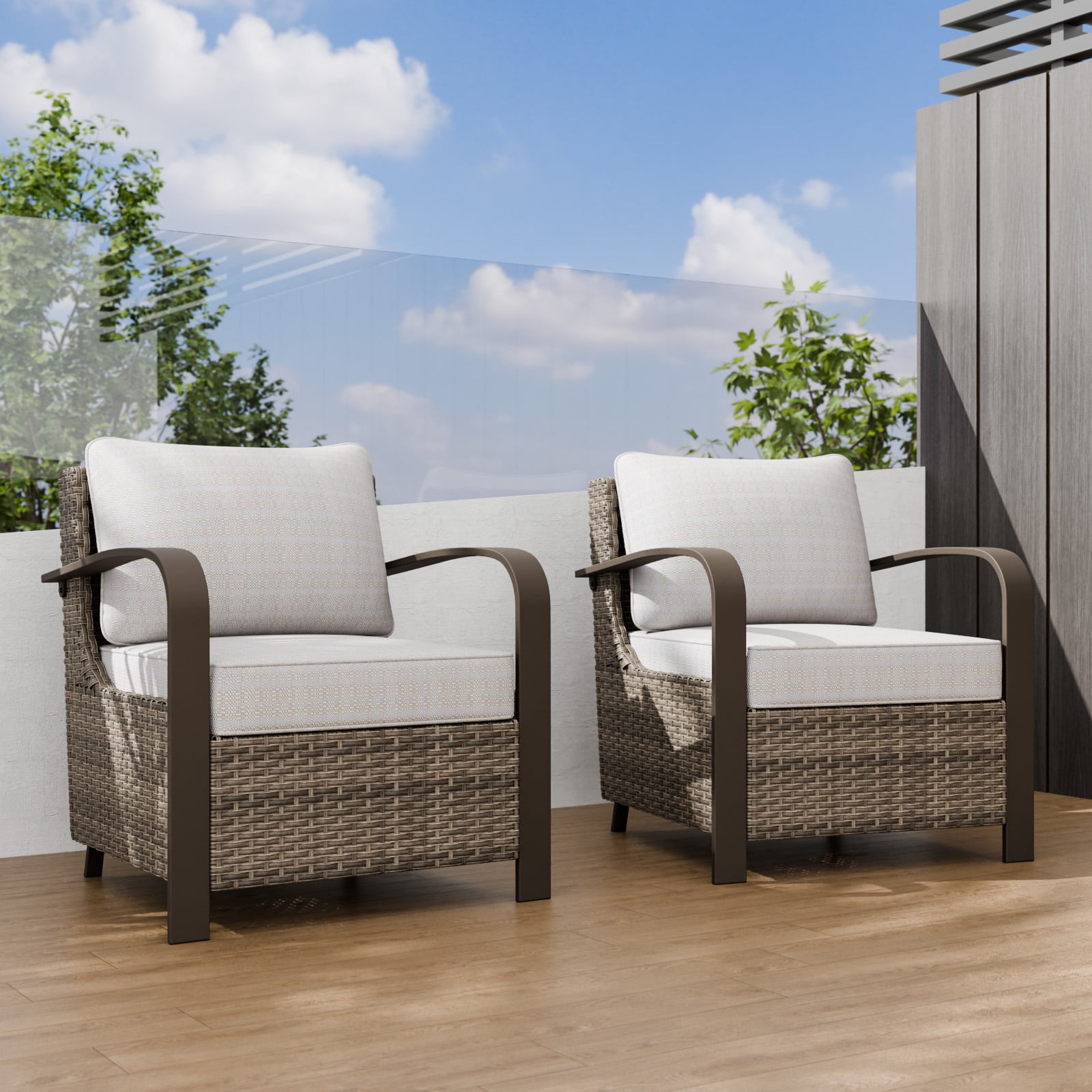 Beige Outdoor Wicker Lounge Chairs with Cushions, Set of 2