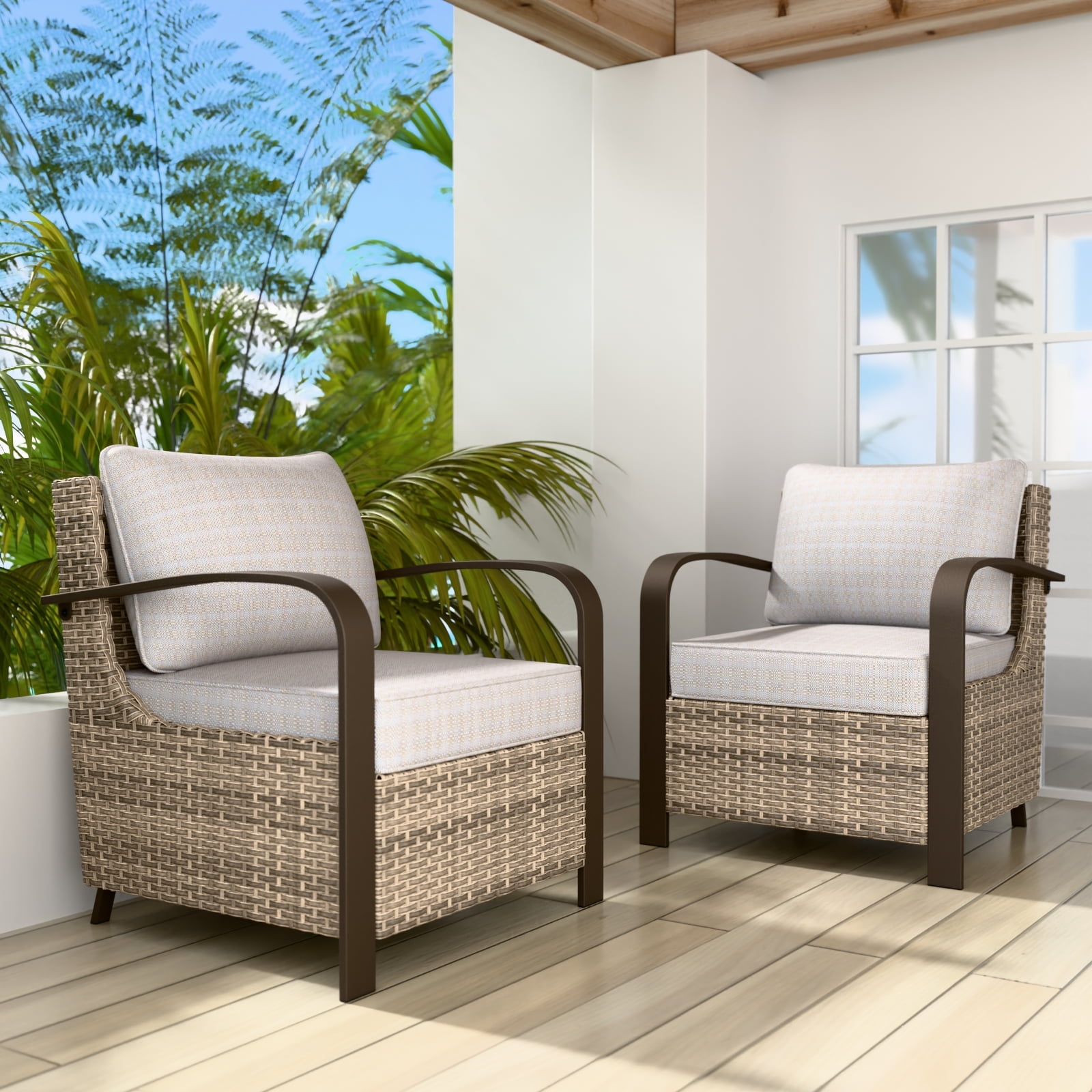 Beige Outdoor Wicker Lounge Chairs with Cushions, Set of 2