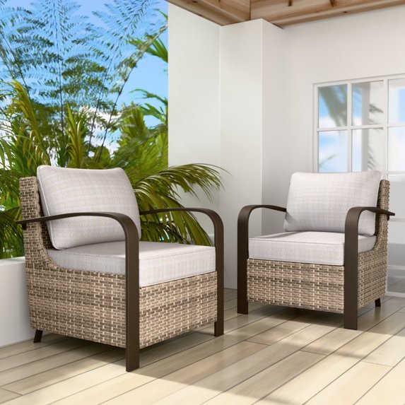 EAGLE PEAK Coastal Vista Outdoor Patio Ratten Wicker Lounge Chair With Beige Cushion(2 pack)