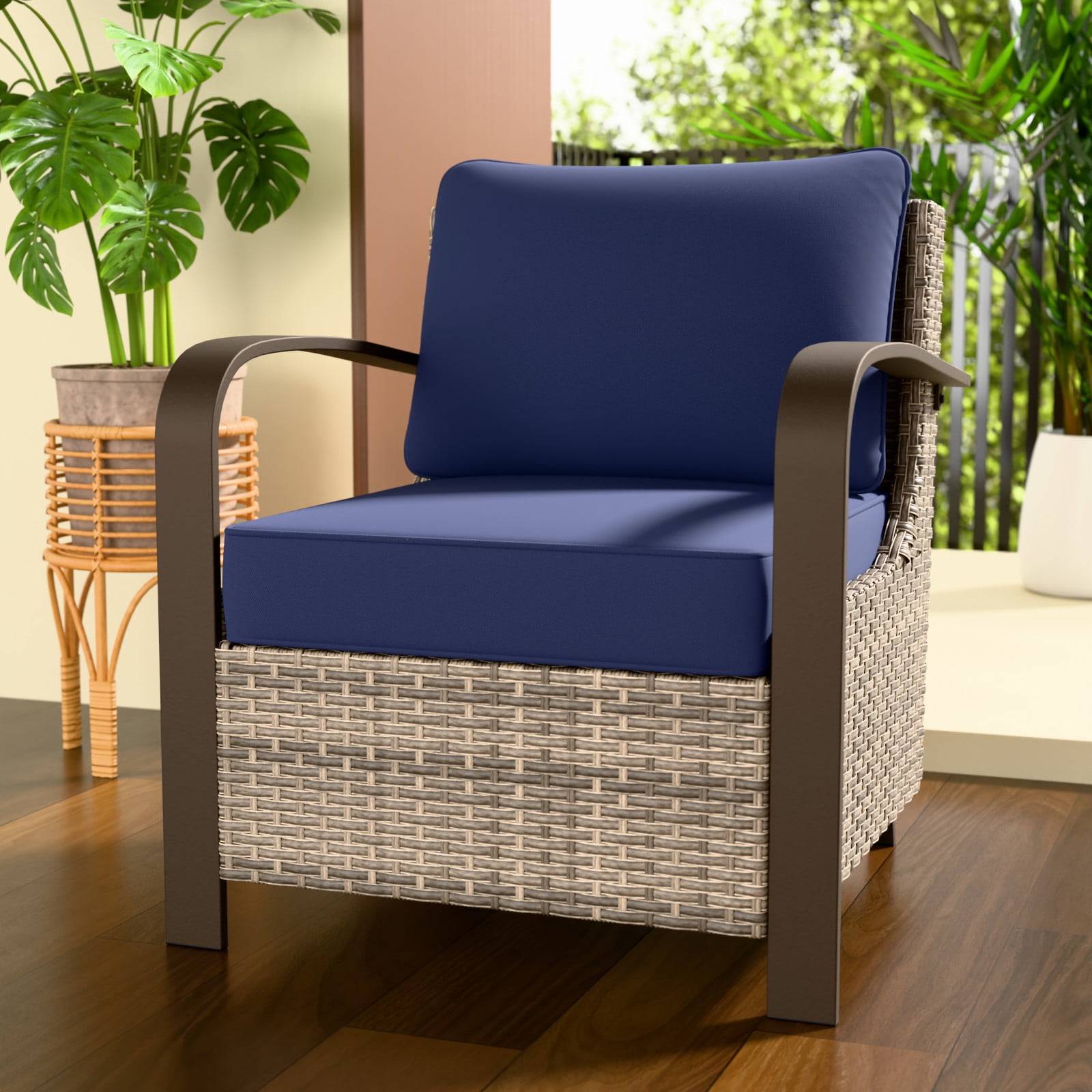 Blue Cushioned Brown Steel Wicker Lounge Chair