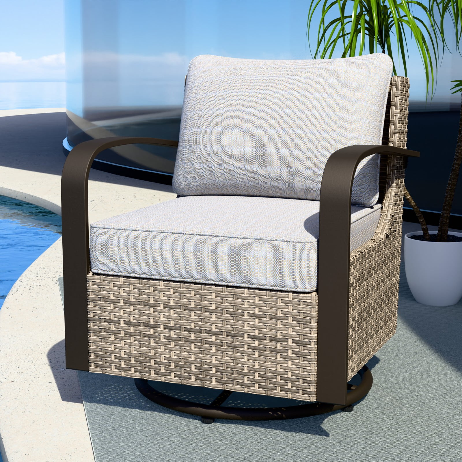 Beige and Brown Steel Wicker Swivel Rocking Chair with Cushions