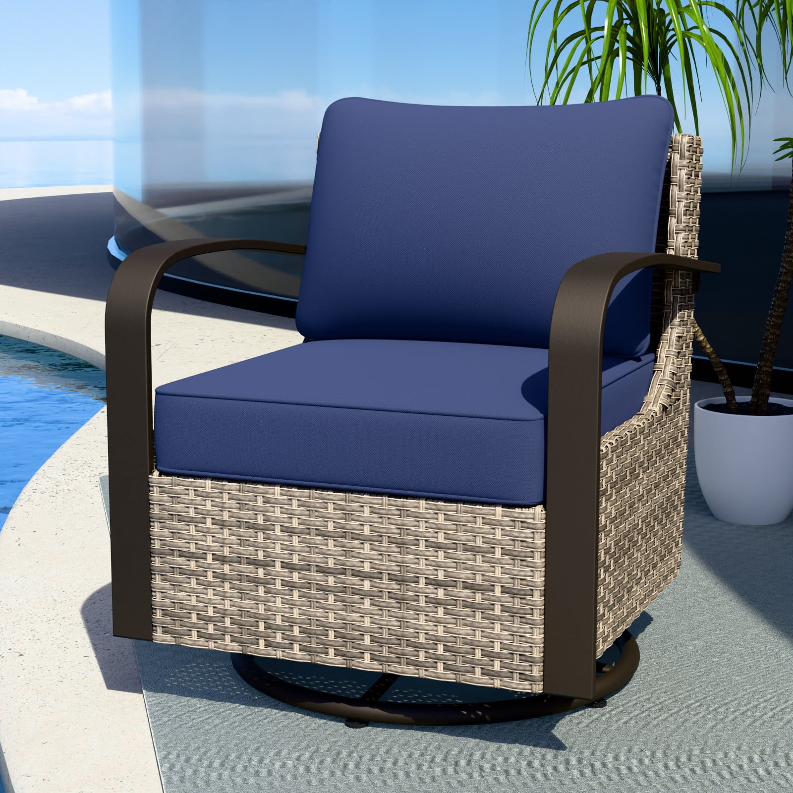 Brown Steel Frame Rocking Armchair with Blue Cushions