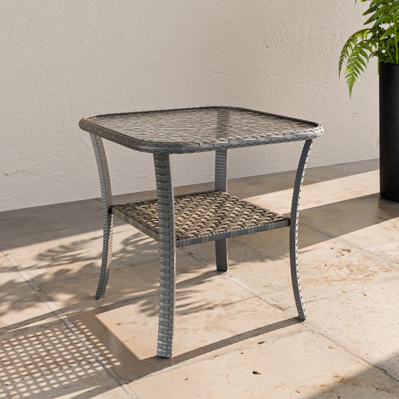 EAGLE PEAK Outdoor Wicker Side Table with Lower Storage, Rattan Coffee Table with Tempered Glass Top, Stonewash Gray