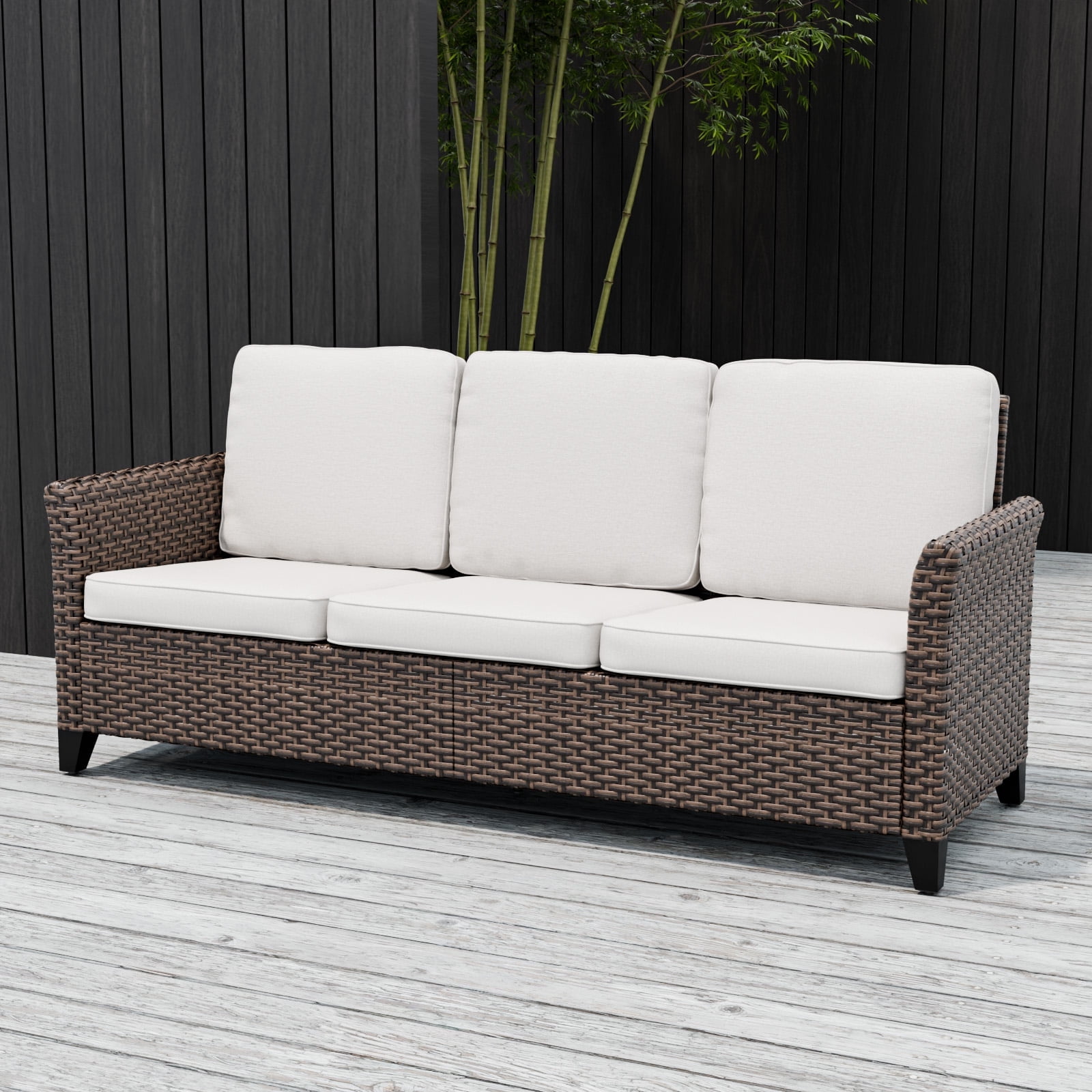 Outdoor Multi-Brown Wicker and Steel 3-Seat Sofa with Beige Cushions