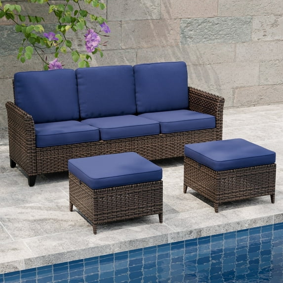 EAGLE PEAK Ocean Vista Patio Outdoor 3 piece Variated Brown Wicker Conversation 3-Seat Sofa Set, Blue Cushions