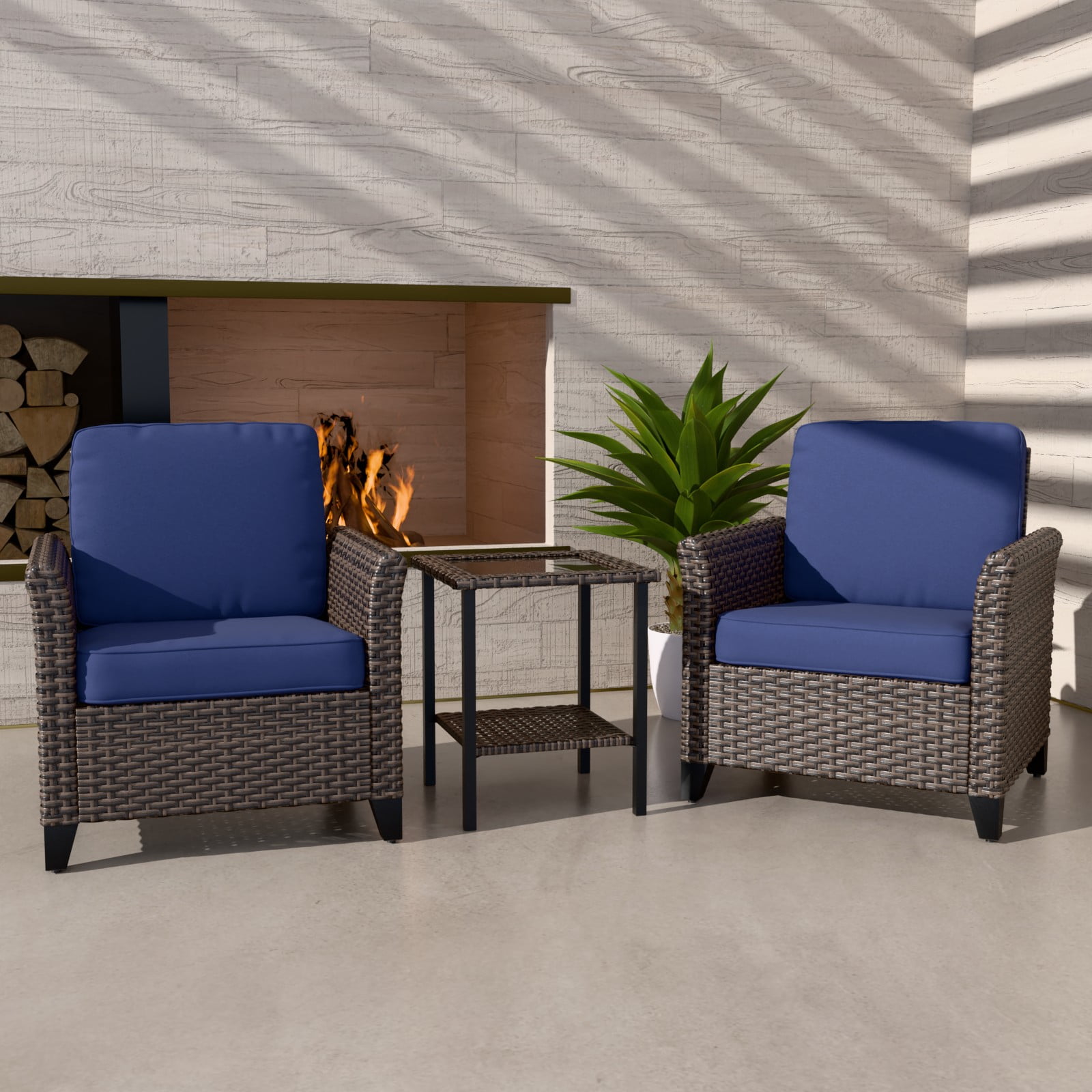 Blue Cushioned 3-Piece Black Steel Wicker Patio Set