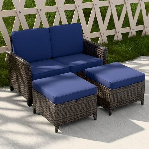 EAGLE PEAK Ocean Vista Patio Outdoor 3 piece Variated Brown Wicker Conversation Loveseat Set, Blue Cushions