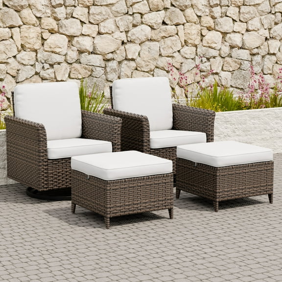 EAGLE PEAK Ocean Vista Wicker Outdoor Patio Seating Set Deep Cushions Weather Resistant, Swivel Rocking Chairs and Ottomans, 4 Pieces, Brown/Beige