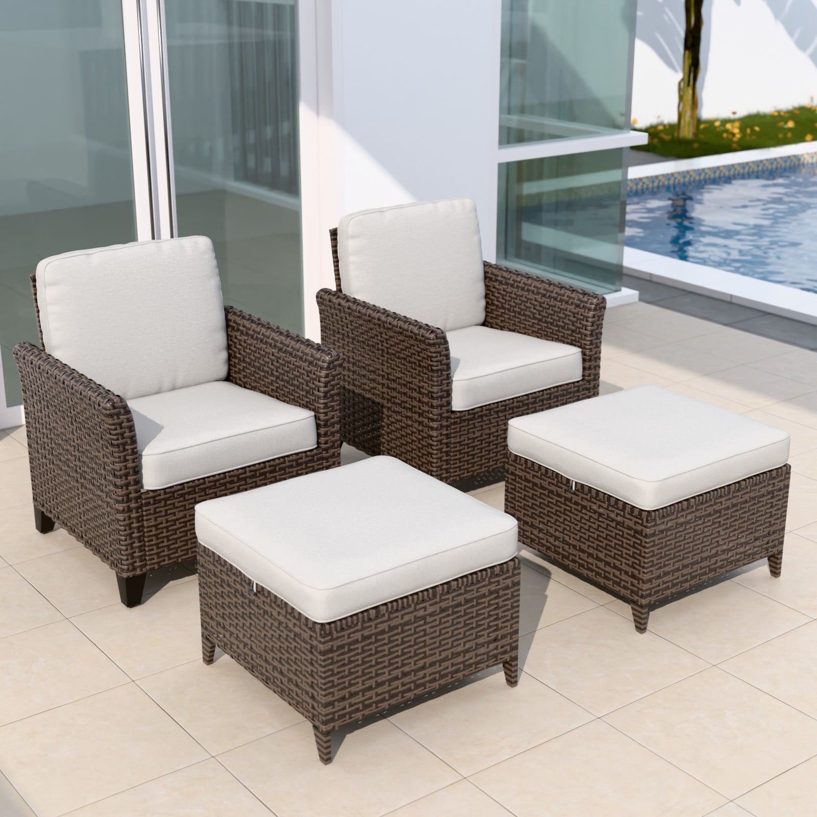 Beige Cushioned Brown Wicker 4-Piece Patio Conversation Set