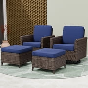 EAGLE PEAK Ocean Vista Patio Outdoor 4 piece Variated Brown Wicker Conversation Swivel Chairs Set, Blue Cushions