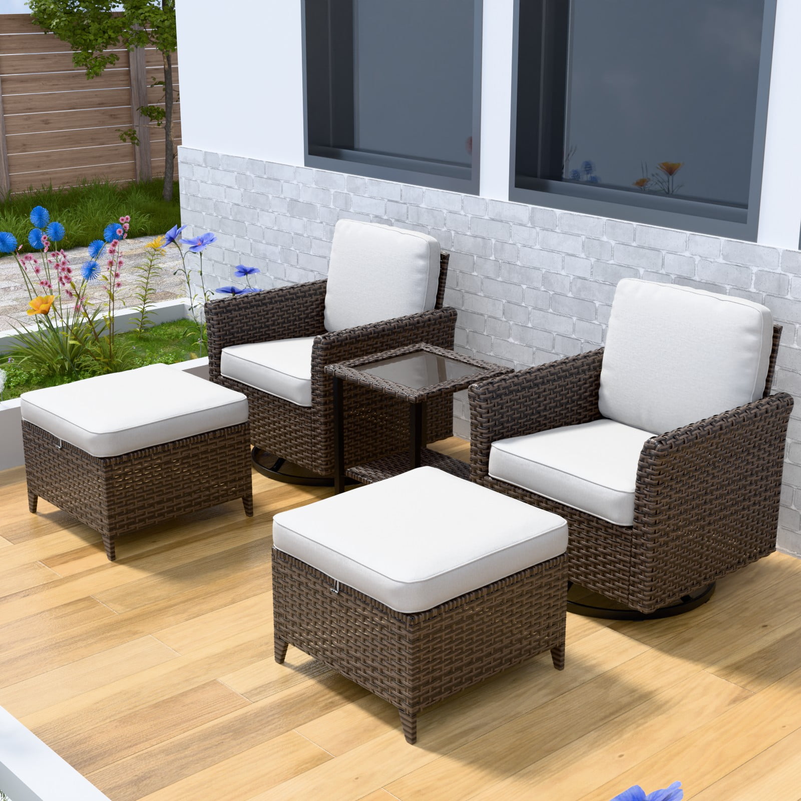 5-Piece Beige Cushioned Brown Wicker Outdoor Conversation Set