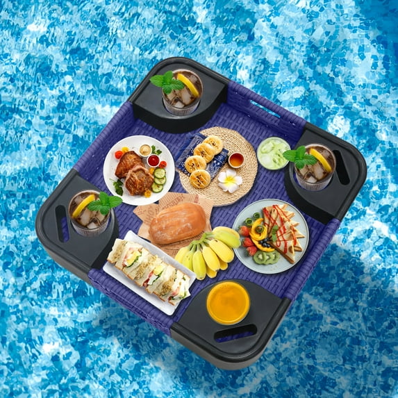 EAGLE PEAK Pool Floating Tray Table for Pool and Hot Tub, Wicker Serving Tray Floating Serving Tray with Drink Holders and Phone Slots , Blue