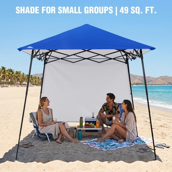 EAGLE PEAK Pop-up Compact Canopy Tent with Extended Eaves & Sidewall, Portable and Easy Setup Slant Leg Instant Shelter, 8x8 Base 7x7 Top, Blue