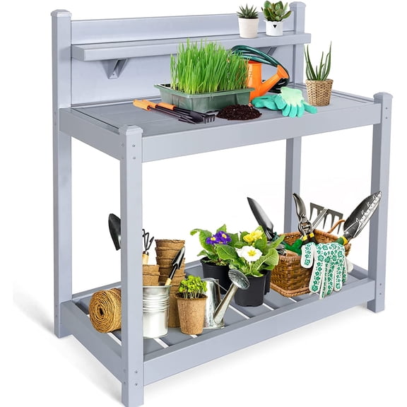 EAGLE PEAK Potting Bench, Weatherproof Vinyl Potting Table for Outdoor & Indoor Use, Easy Clean Garden Workstation with Storage Shelves, Gray, 40"