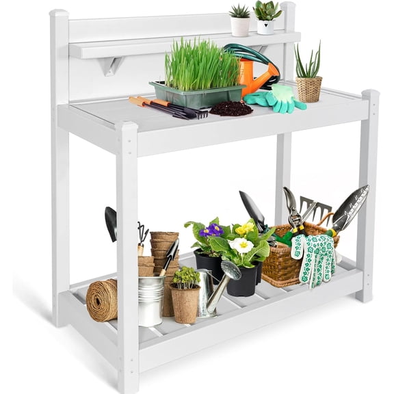 EAGLE PEAK Potting Bench, Weatherproof Vinyl Potting Table for Outdoor & Indoor Use, Easy Clean Garden Workstation with Storage Shelves, White, 40"